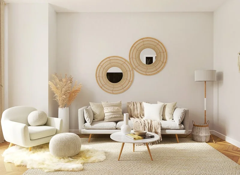 Calm cream living room with textured upholstery, styled and spotless