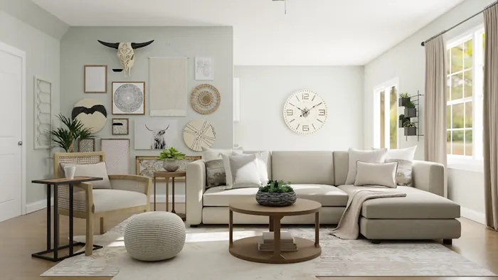 Bright neutral living room with a linen sectional sofa, freshly cleaned