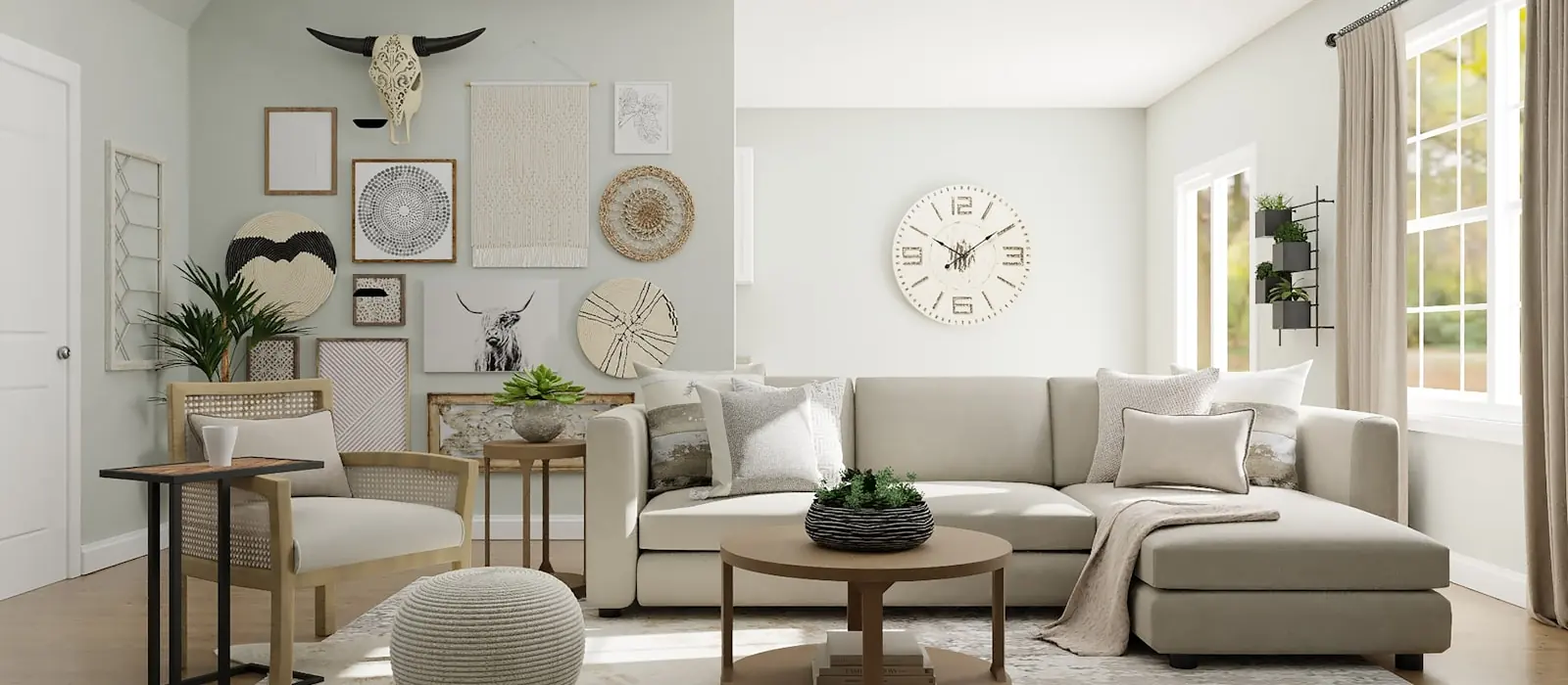 Bright neutral living room with a linen sectional sofa, freshly cleaned