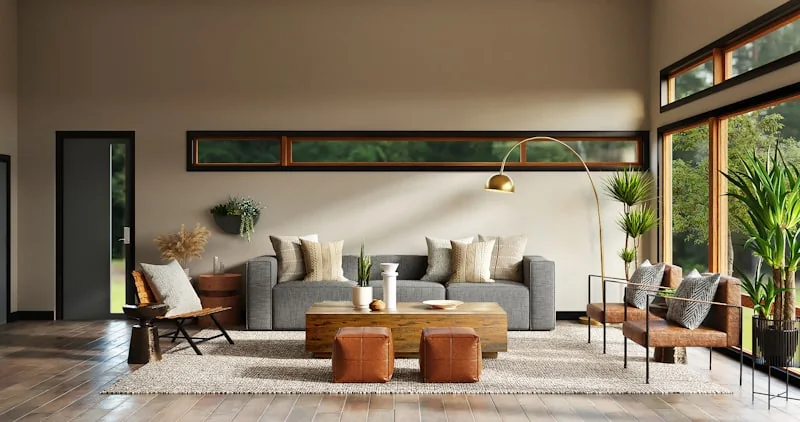 Sunlit living room with cream sofa, olive cushions and mature planting, immaculately kept